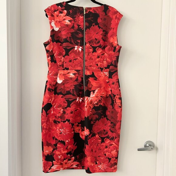 Calvin Klein Women's Red Black Floral Sheath Scuba Dress Size 16 - Picture 7 of 9